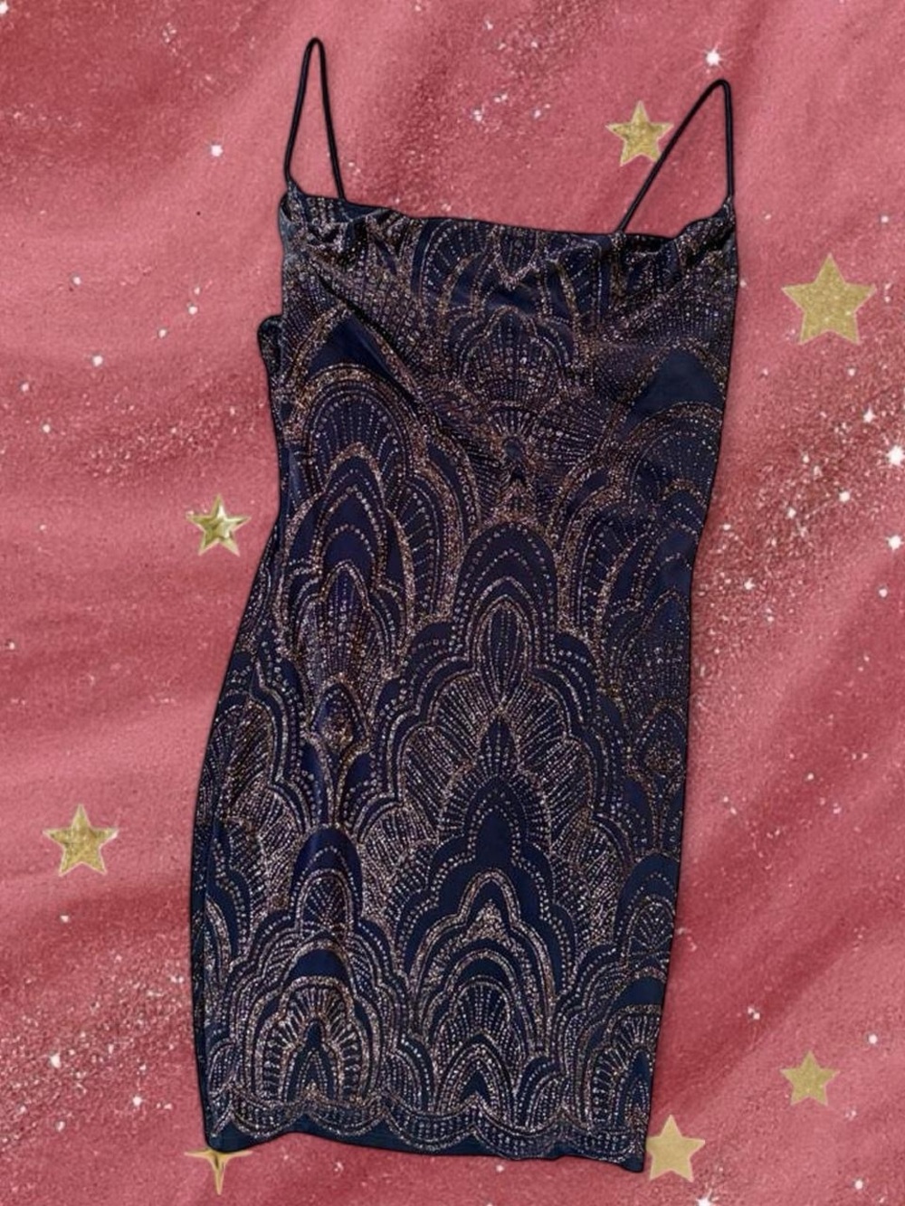Jump Navy Slip Dress with Gold Metallic Pattern